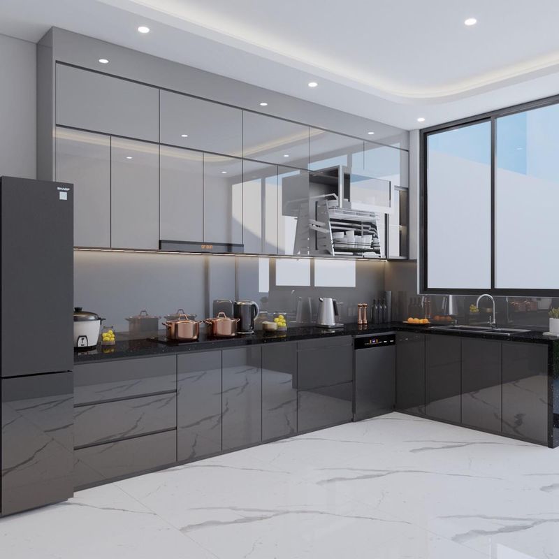 Tủ bếp MDF phủ Acrylic bóng gương đẹp hiện đại 1 Hình ảnh tủ bếp acrylic phản quang