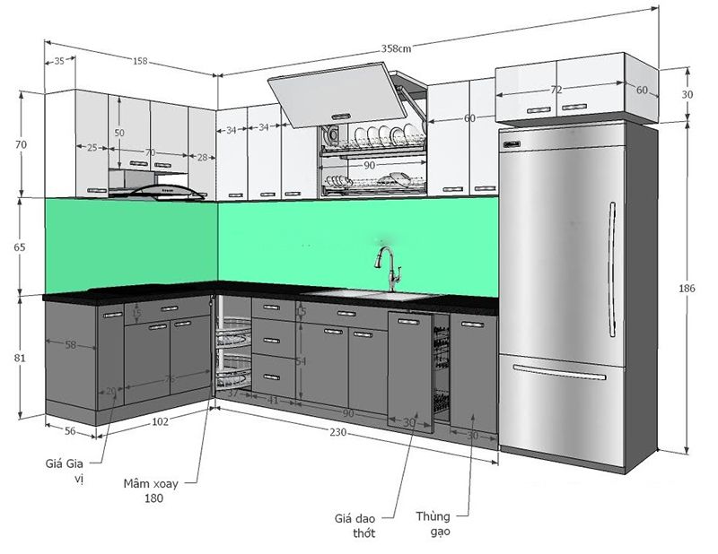 Đóng tủ bếp đẹp theo kích thước thực tế tại nhà 1 Kích thước tủ bếp tiêu chuẩn