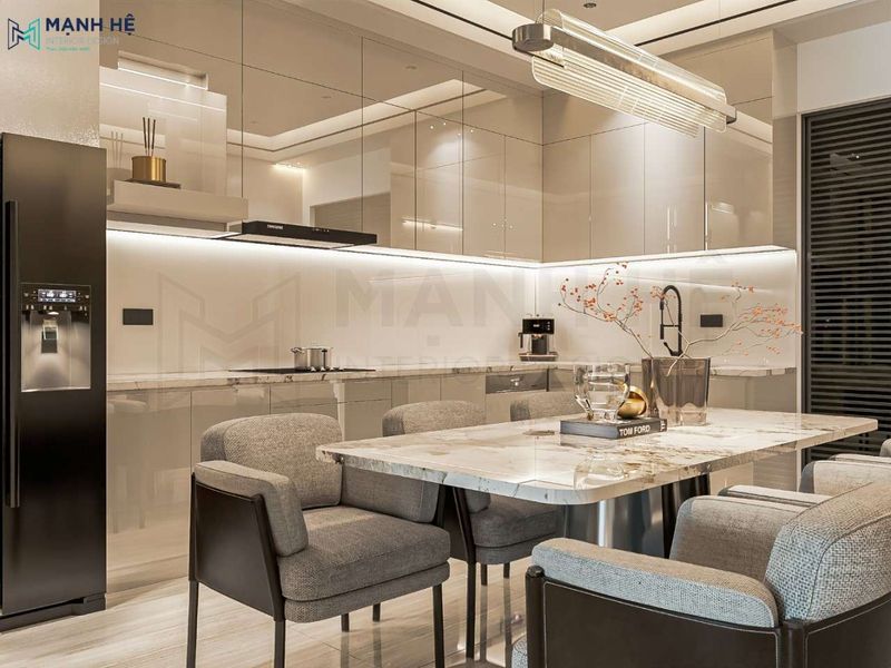 Tủ bếp MDF phủ Acrylic bóng gương đẹp hiện đại 4 Thiết kế nội thất phòng bếp phong cách hiện đại