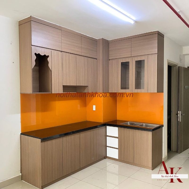 Đóng Tủ Bếp Chung Cư Gỗ MDF Chống Ẩm 2 Tủ bếp đẹp gỗ MDF chống ẩm có thiết kế hiện đại tối giản