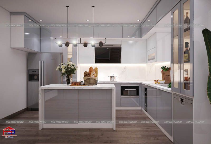 Tủ bếp gỗ công nghiệp đẹp cho nhà phố, căn hộ, biệt thự 5 Tủ bếp gỗ công nghiệp acrylic TBAC197