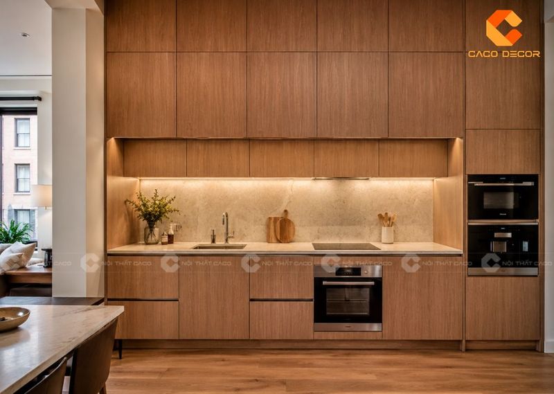 Tủ bếp gỗ công nghiệp đẹp cho nhà phố, căn hộ, biệt thự 2 Tủ bếp gỗ kính trán đẹp cho căn hộ