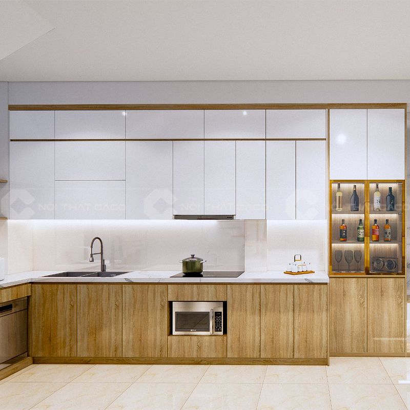 Các loại phủ Melamine cho tủ bếp MDF 2 Hình ảnh tủ bếp phủ Melamine vân gỗ